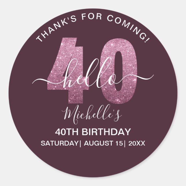 Sticker Rond Hello 40! Fun 40th birthday Pink glitter (Devant)