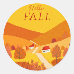 Sticker Rond Hello Fall Jote Rustic Autumn Paysage