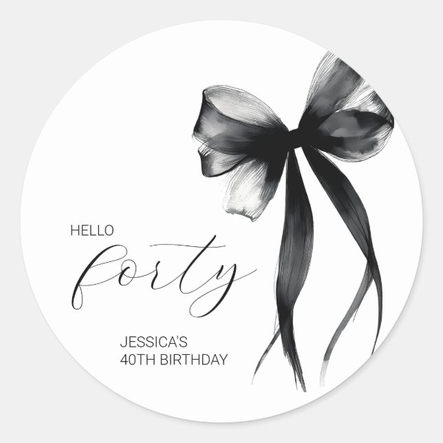 Sticker Rond Hello Forty Elegant Script Bow 40th Birthday Party (Devant)