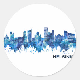 Sticker Rond Helsinki Finlande Skyline Blue