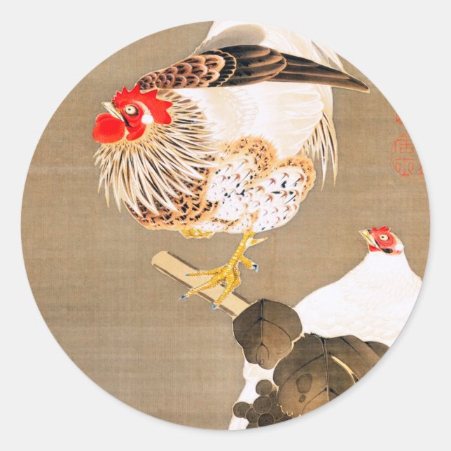 Sticker Rond Hen et coq avec Grapevine par Ito Jakuchu (Devant)