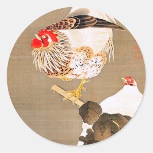 Sticker Rond Hen et coq avec Grapevine par Ito Jakuchu