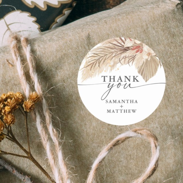 Sticker Rond Herbe de la Pampa Palmier Séché Mariage (Pampas grass and dried palm thank you wedding sticker.)
