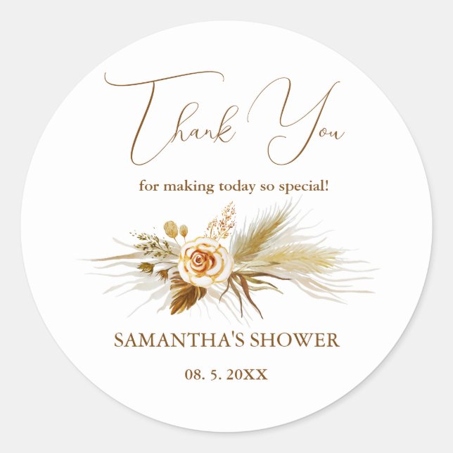 Sticker Rond Herbe de Pampas aquarelle boho élégant Merci (Devant)