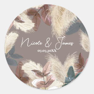 Sticker Rond Herbe des Pampas & Feuilles Mariage Bohème Terrien