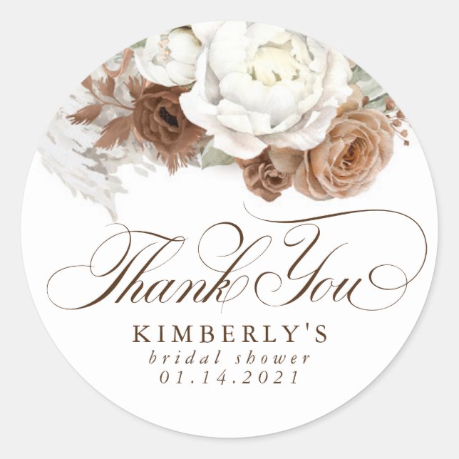 Sticker Rond Herbe des Pampas Fleurs Brun Blanc Merci (Devant)