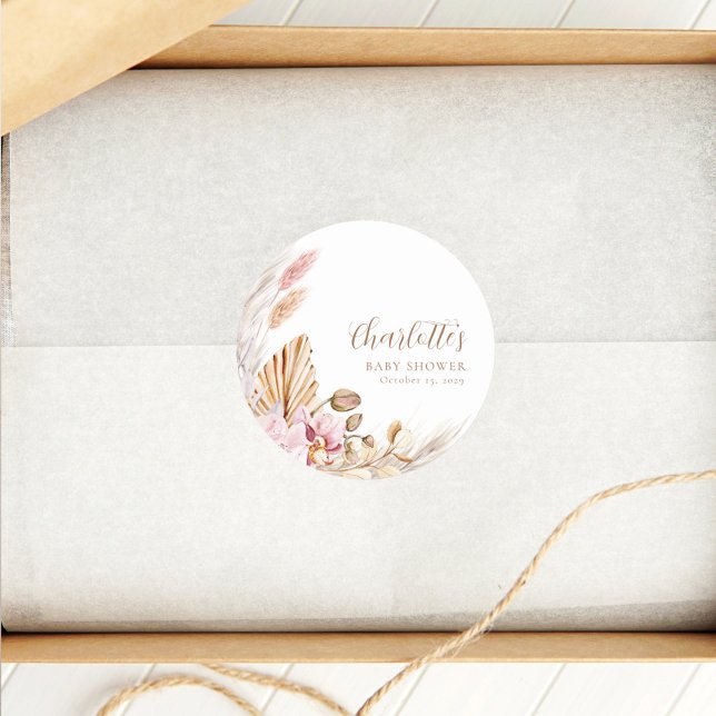 Sticker Rond Herbe Pampas Bohème Rose Dusty | BABY SHOWER (Créateur téléchargé)