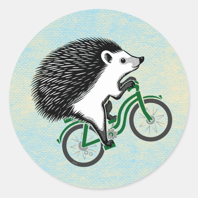 Sticker Rond Hérisson à vélo sur Arrière - plan bleu (Devant)