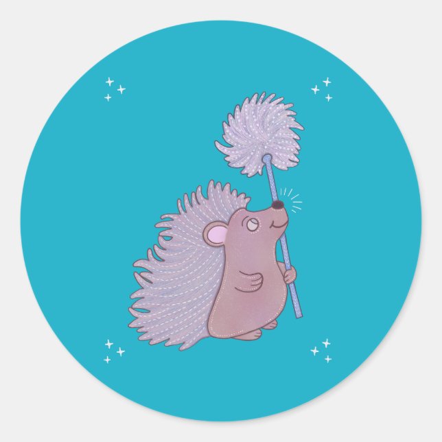 Sticker Rond Hérisson avec Pissenlit | Douce Art Populaire de l (Devant)