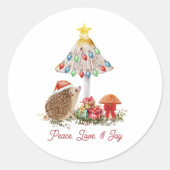 Sticker Rond Hérisson Champignons Bois de Noël (Devant)