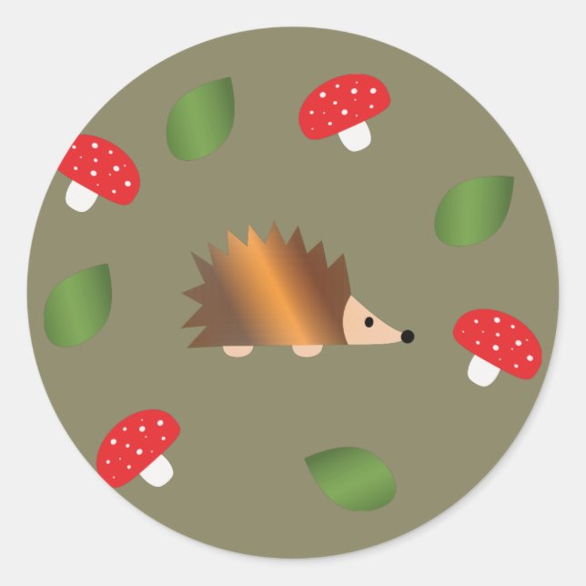 Sticker Rond Hérisson Champignons et Feuilles (Devant)