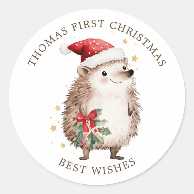 Sticker Rond Hérisson Chapeau de Père Noël Bébé 1er Noël (Devant)