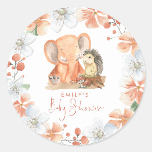 Sticker Rond Hérisson Eléphant Florals Nom Fille Baby shower