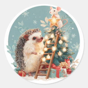 Sticker Rond Hérisson et souris décorant l'arbre de Noël