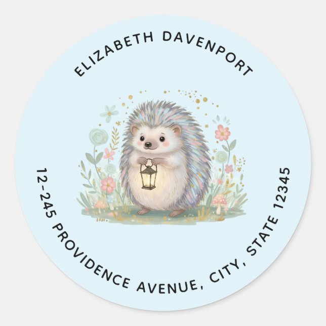 Sticker Rond Hérisson Mignon avec Adresse de Fond Bleu Lanterne (Devant)