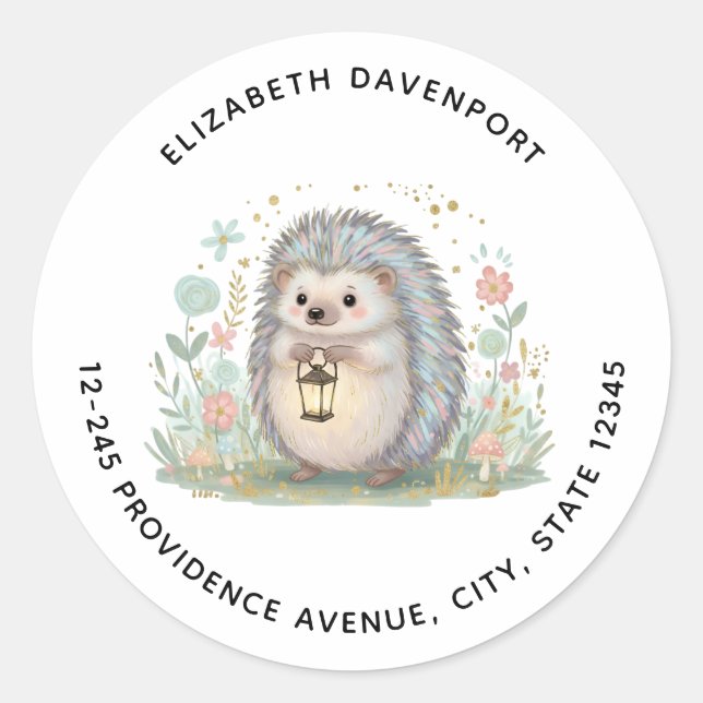 Sticker Rond Hérisson Mignon avec Adresse de Lanterne (Devant)