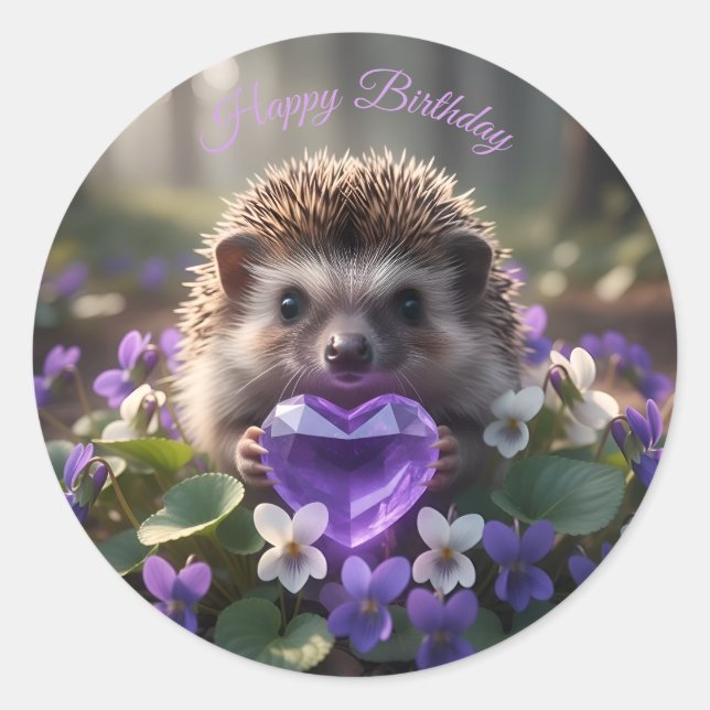 Sticker Rond Hérisson mignon de février avec cœur d'améthyste (Devant)