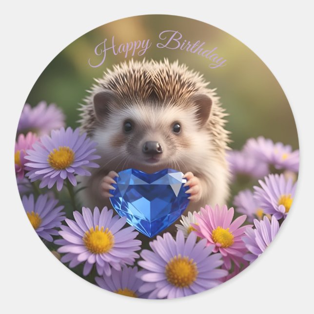 Sticker Rond Hérisson mignon de septembre avec cœur de saphir (Devant)