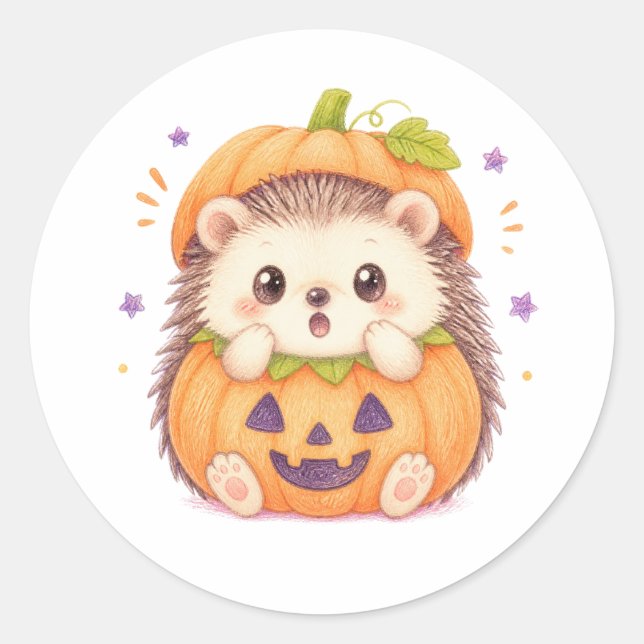 Sticker Rond Hérisson Mignon en Costume de Citrouille Illustrat (Devant)
