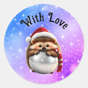 Sticker Rond Hérisson mignon étreignant une boule de Noël ronde