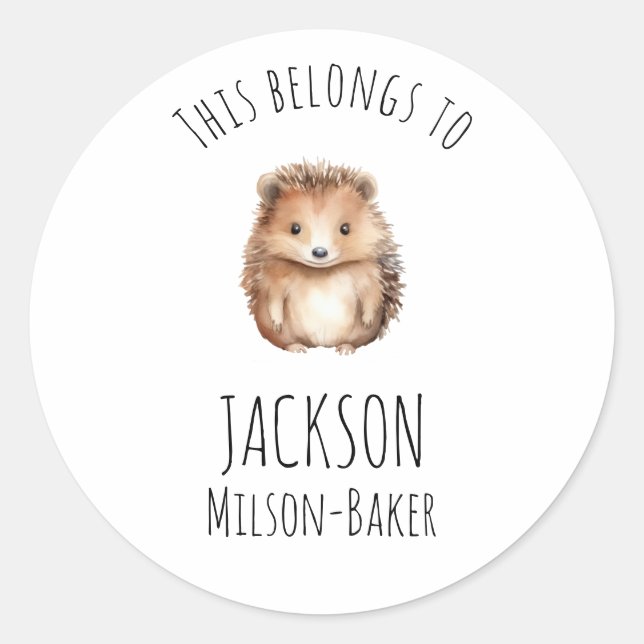 Sticker Rond Hérisson mignon ! Personnalisé "appartient à" (Devant)
