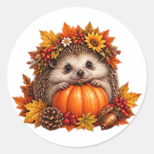 Sticker Rond Hérisson Mignon Récolte de Citrouille d'Automne