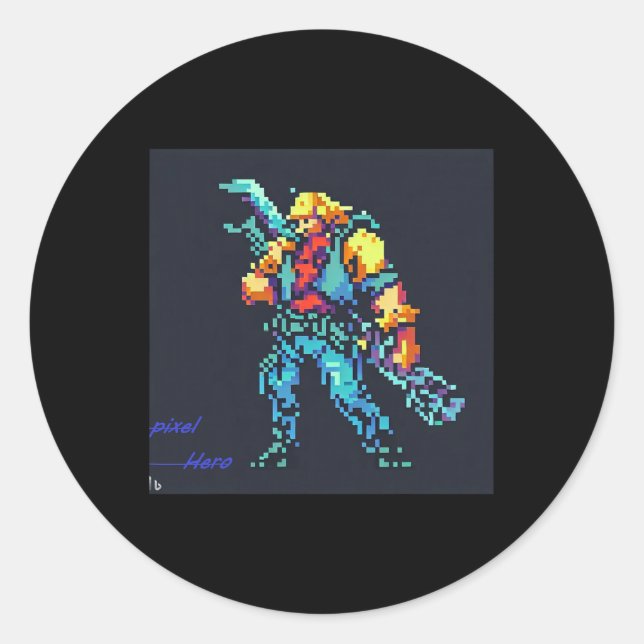 Sticker Rond Héros (90's Retro Vidéo Jeu Pixel Style Art) (Devant)