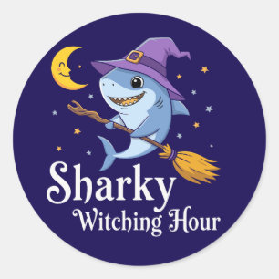 Sticker Rond Heure de sorcière requin Halloween requin