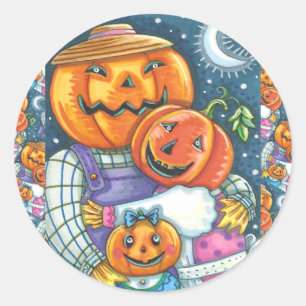 STICKER ROND HEUREUSE FAMILLE JACK-O'-LANTERN, COLORÉE ET MORTE