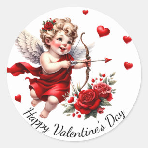 Sticker Rond Heureuse Sainte-Valentin Cupid avec Coeurs rouges 