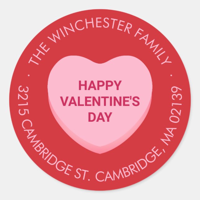 Sticker Rond Heureuse Sainte-Valentin rouge rose bonbon adresse (Devant)