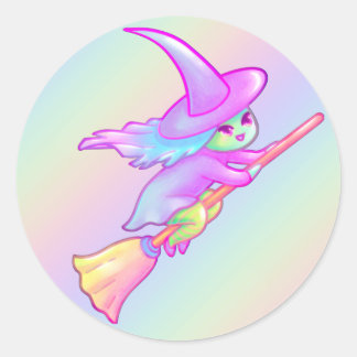 Sticker Rond Heureuse Sorcière Volant Sur Le Dessin De Broomsti