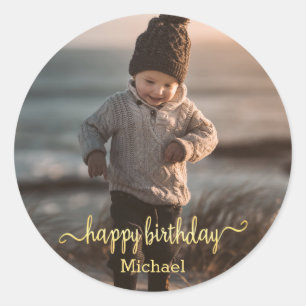 Sticker Rond heureux anniversaire or calligraphie