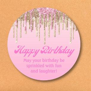 Sticker Rond heureux anniversaire or rose goutte parties scinti
