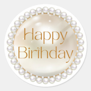 Sticker Rond heureux anniversaire or script perles blanches