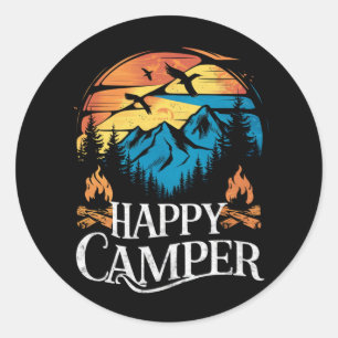 Sticker Rond Heureux campeur rétro vintage équipage de camping 