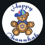 Sticker Rond Heureux Chanukah Teddy Bear<br><div class="desc">Un mignon ours en peluche avec une étoile juive sur la poitrine souhaite à tout le monde un joyeux Chanoukah.</div>