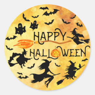 Sticker Rond HEUREUX HALLOWEEN, Sorcières volantes, chauves-sou
