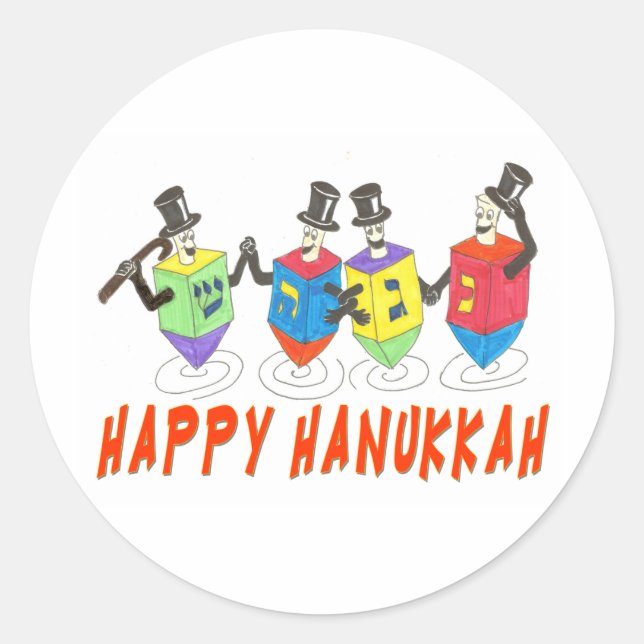 Sticker Rond Heureux Hanoukka Dancing Dreidels (Devant)