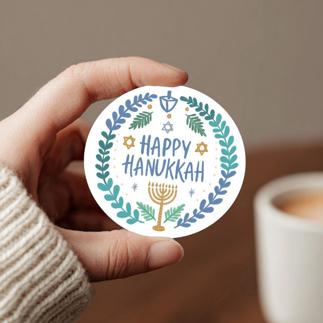 Sticker Rond HEUREUX HANOUKKA Moderne Dessiné À La Main Cute Wh (HAPPY HANUKKAH Modern Hand-Drawn Cute Whimsical Classic Round Sticker
)