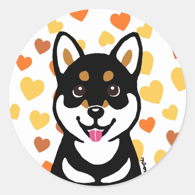 Sticker Rond Heureux Kuro Shiba Inu chien Coeurs Stikers (Devant)