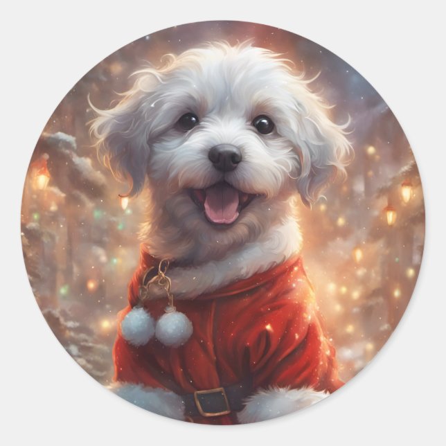 Sticker Rond Heureux Père Noël Puppy, chien de vacances (Devant)