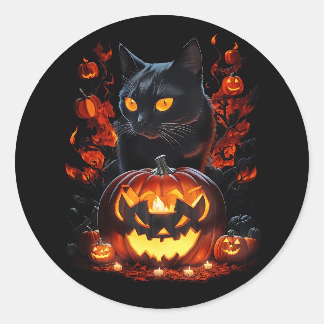 Sticker Rond Hex, le T-shirt chat noir Halloween (Devant)