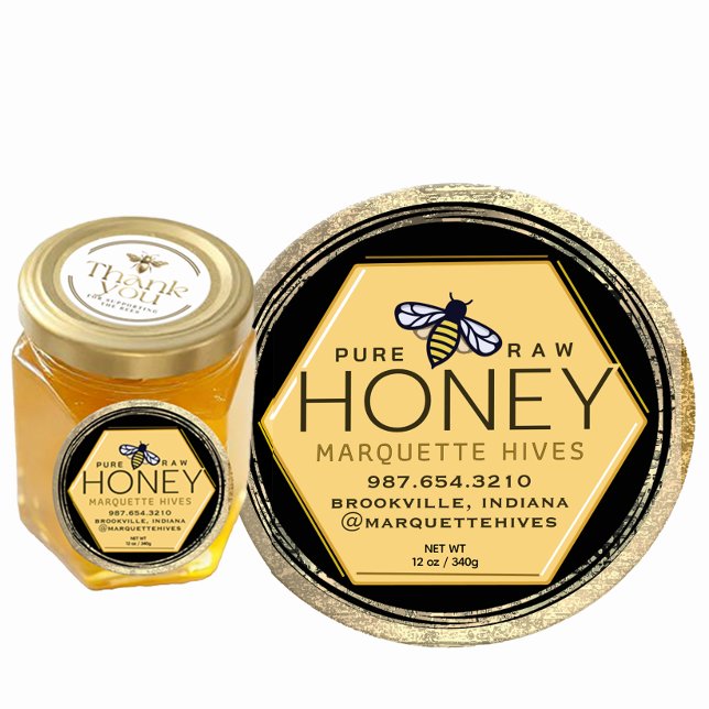 Sticker Rond Hexagon de miel jaune et cadre d'or désossé d'abei (Créateur téléchargé)