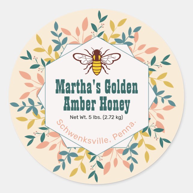 Sticker Rond Hexagon Wreath Antique Jar de miel blanc (Devant)