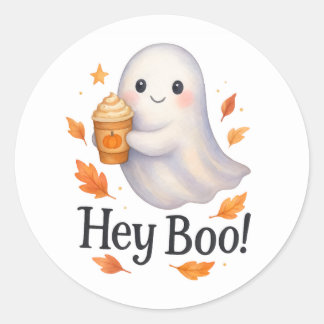 Sticker Rond Hey Boo! – Cute AI-Generated Ghost Pumpkin Latte