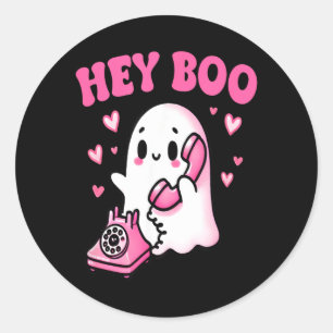 Sticker Rond Hey Boo fantôme mignon au téléphone drôle Hallowee
