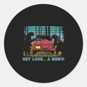 Sticker Rond Hey Look A Menu Drôle Ours Camping Retro Vintage C