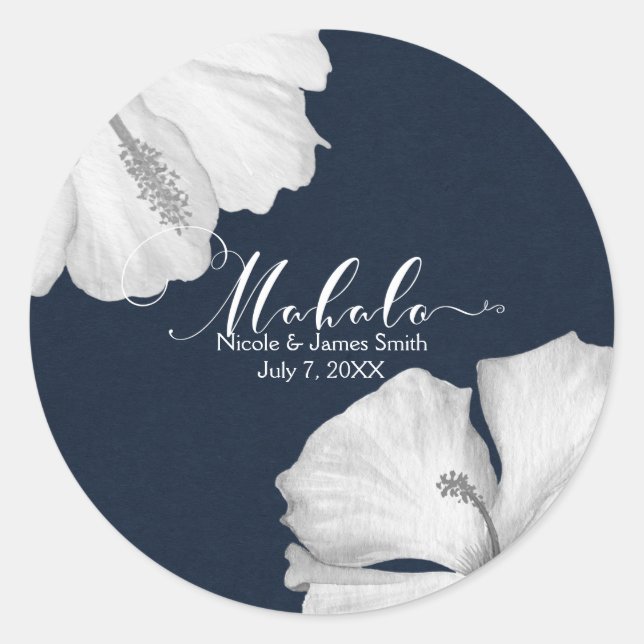 Sticker Rond Hibiscus Blanc Bleu Mariage tropical Faveur Mahalo (Devant)