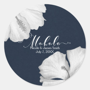 Sticker Rond Hibiscus Blanc Bleu Mariage tropical Faveur Mahalo